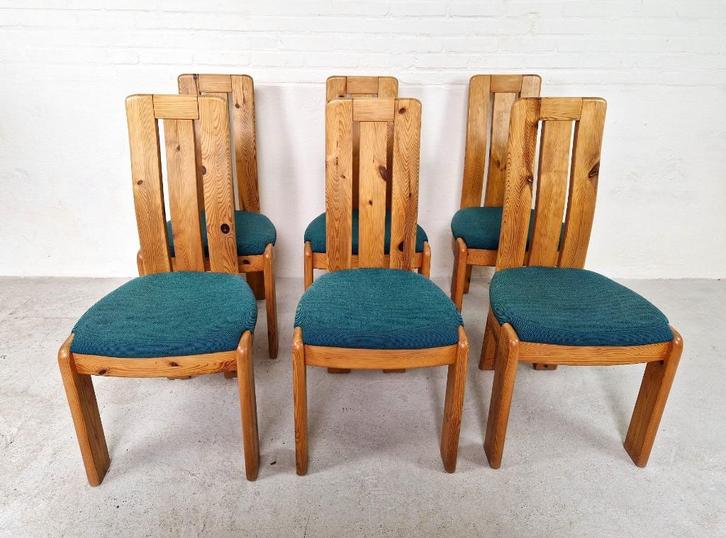 Set van 6 Vintage Deense Eetkamerstoelen, Huis en Inrichting, Stoelen, Gebruikt, Vijf, Zes of meer stoelen, Hout, Stof, Blauw