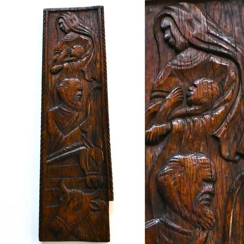 1 Religieus antiek houten paneel kerststal Jozef Maria Jezus, Antiek en Kunst, Antiek | Religie, Ophalen of Verzenden