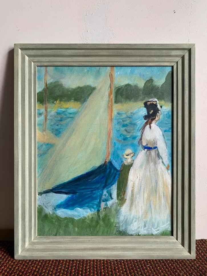Vrouw en kind aan het water - schilderij olieverf op doek, Antiek en Kunst, Kunst | Schilderijen | Klassiek, Ophalen of Verzenden