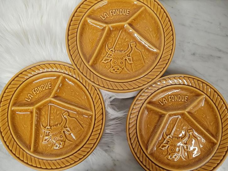 3 vintage fondueborden gourmetborden Sarreguemines, Antiek en Kunst, Antiek | Servies los, Ophalen of Verzenden