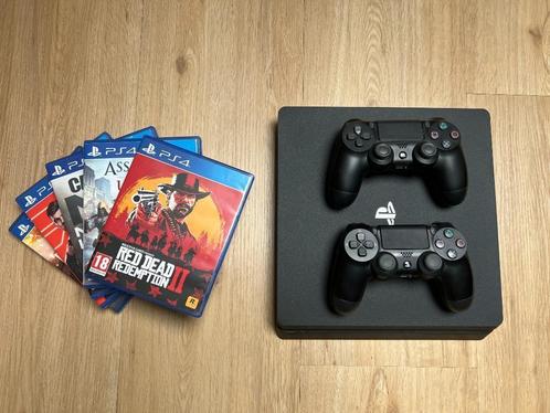 PlayStation 4 Slim (500GB) + 2 controllers + 5 topgames, Spelcomputers en Games, Spelcomputers | Sony PlayStation 4, Nieuw, Slim