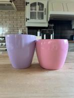 2x bloempotten, roze 12,5cm h, paars 14cm h, Tuin en Terras, Rond, Nieuw, Ophalen of Verzenden, Aardewerk