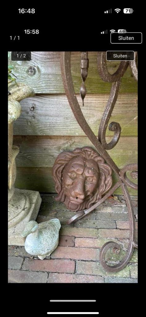 Gietijzeren Leeuwenkop Tuinornament, Tuin en Terras, Tuinbeelden, Gebruikt, Dierenbeeld, Metaal, Ophalen of Verzenden