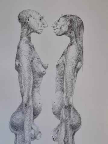 Tekening twee naakten gesigneerd beschikbaar voor biedingen