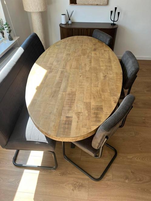 Complete eethoek set, mango hout, Huis en Inrichting, Tafels | Eettafels, 200 cm of meer, Vijf personen of meer, Rechthoekig, Ophalen of Verzenden