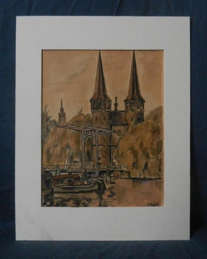 Aquarel Gezicht op Oostpoort Delft A. Koster, Antiek en Kunst, Kunst | Schilderijen | Klassiek, Ophalen of Verzenden