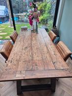 Teak eettafel met 4 buffel leren stoelen, Ophalen, Zo goed als nieuw