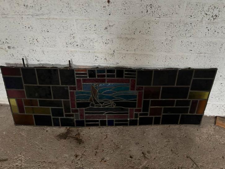 Antiek Glas in Lood Raam - Boot Motief, Antiek en Kunst, Antiek | Wandborden en Tegels, Ophalen