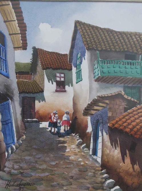 Peru 1993. Aquarel HUILLCAHUAMÁN Pueblo, 2vrouwen+ kind, Antiek en Kunst, Kunst | Schilderijen | Klassiek, Ophalen