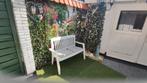 Kunststof tuinbankje 120 cm met kussentjes, Ophalen of Verzenden, Zo goed als nieuw, Kunststof, 2 zitplaatsen