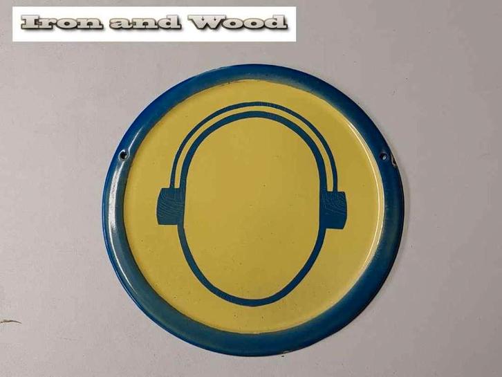 Geel wandbord - hoofdtelefoon - rond emaille - 25 cm - oud, Antiek en Kunst, Antiek | Emaille, Ophalen of Verzenden