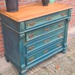 Antieke brocante ladenkast grenen vintage blauw, Ophalen, Gebruikt, 100 tot 150 cm, Minder dan 100 cm