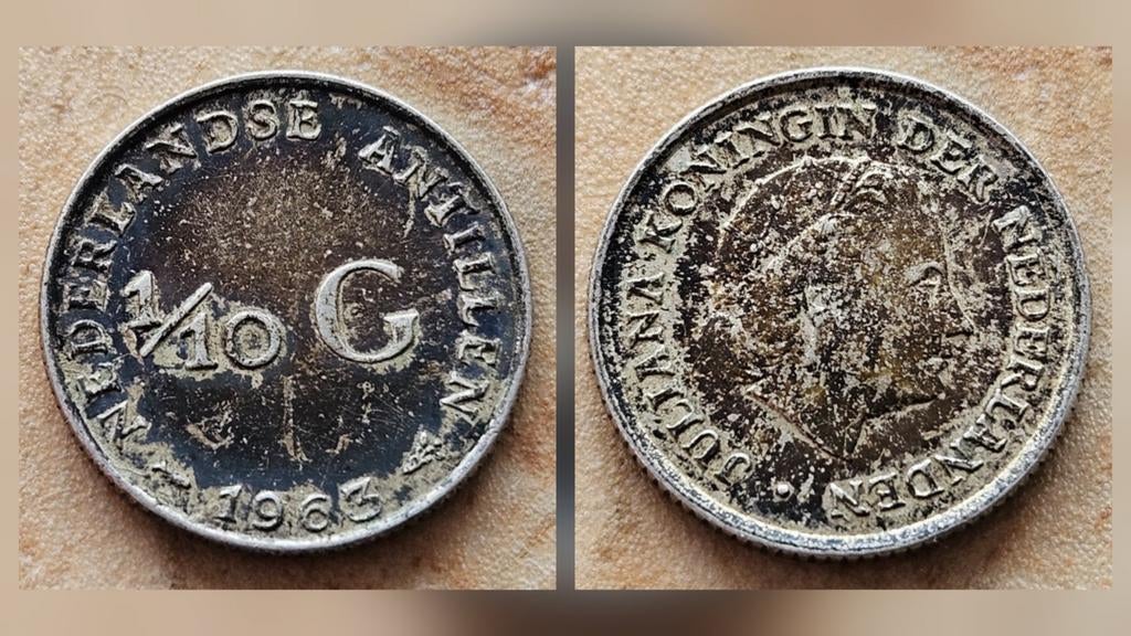 Oude zilveren munt 1/10 Gulden Nederlandse Antillen 1963, Ophalen of Verzenden