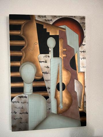 Art Deco Schilderij met muziekinstrumenten en figuren beschikbaar voor biedingen