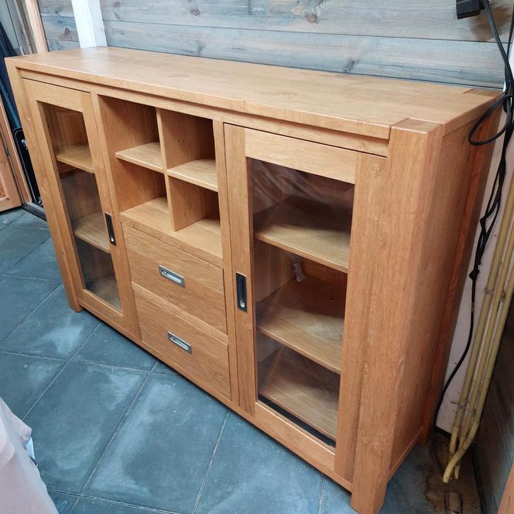 Eiken Buffetkast massief eiken met Glasdeuren, Huis en Inrichting, Kasten | Buffetkasten, Gebruikt, 100 tot 150 cm, 150 tot 200 cm