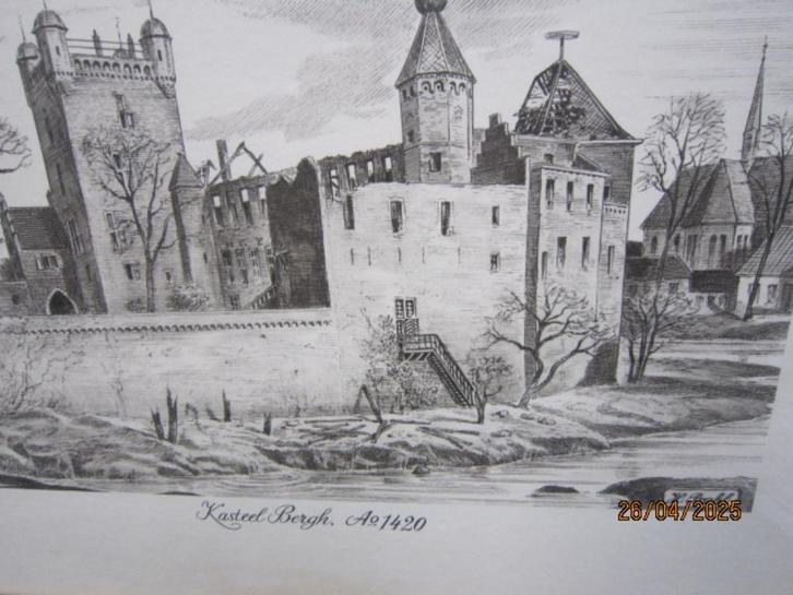 Mooie Ingelijste Gravure van Kasteel BERGH, AD 1420 K.PRAHL, Antiek en Kunst, Kunst | Etsen en Gravures, Ophalen