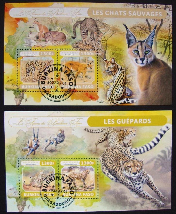 - 673 - 2 Blokken met Wilde Katten en Cheeta's., Postzegels en Munten, Postzegels | Thematische zegels, Gestempeld, Dier of Natuur