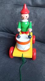 Vintage houten Pinokkio op trekkar met trommel., Ophalen of Verzenden, Zo goed als nieuw
