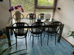 Eettafel metaal en glas met stoelen, Ophalen, 50 tot 100 cm, Vijf personen of meer, Rechthoekig