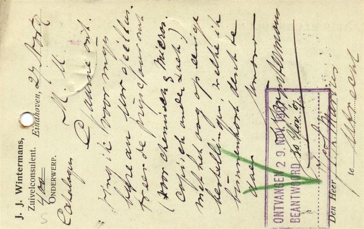 J.J. Wintermans, Zuivelconsulent, Eindhoven - 11.1907 - brie, Postzegels en Munten, Brieven en Enveloppen | Nederland, Envelop