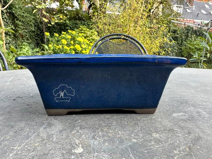 Mooie rechthoekige blauwe bonsaischaal met opdruk, Tuin en Terras, Bloempotten, Zo goed als nieuw, Aardewerk, Binnen, Balkon, Tuin