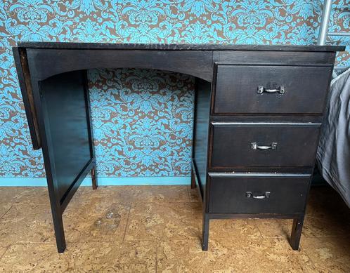 Vintage donkerbruin/zwart bureau, Huis en Inrichting, Bureaus, Gebruikt, Bureau, Ophalen