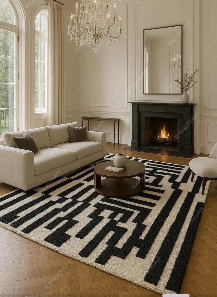 Vloerkleed van Etsy, nieuw! hoogpolig zwart wit, Huis en Inrichting, Stoffering | Vloerbedekking, Nieuw, Tapijt, Zwart, minder dan 10 m²