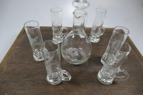 Mooie vintage brocante likeur set van gegraveerd glas., Antiek en Kunst, Curiosa en Brocante, Ophalen of Verzenden