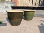 2x grote Keramische Bloempotten + 1 bijpassende shotel, Gebruikt, Rond, Tuin, Minder dan 40 cm