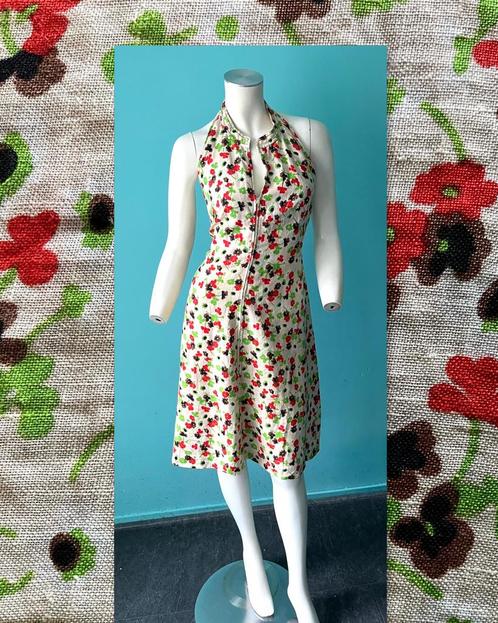Vintage jaren 70 halterjurk crème/motief maat 36, Kleding | Dames, Jurken, Gedragen, Maat 36 (S), Beige, Knielengte, Verzenden