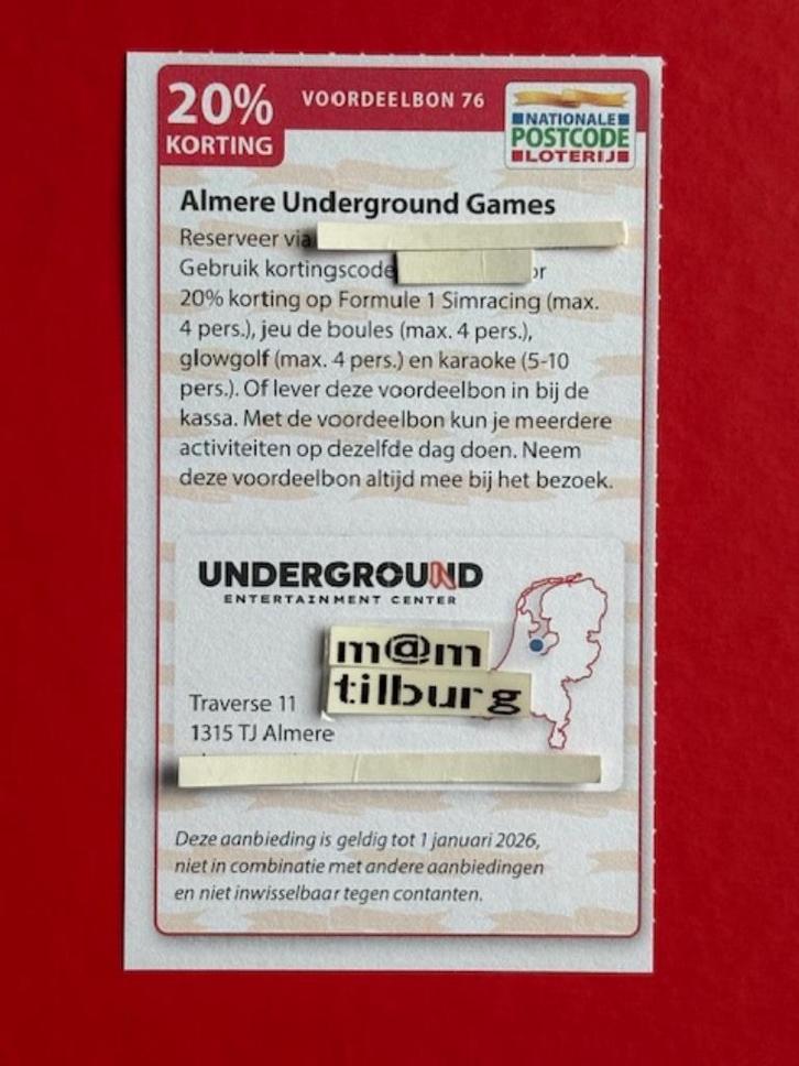 Voordeelbon 76 Almere Undergrounds Games 20% korting, Tickets en Kaartjes, Kortingen en Cadeaubonnen, Drie personen of meer, Overige typen