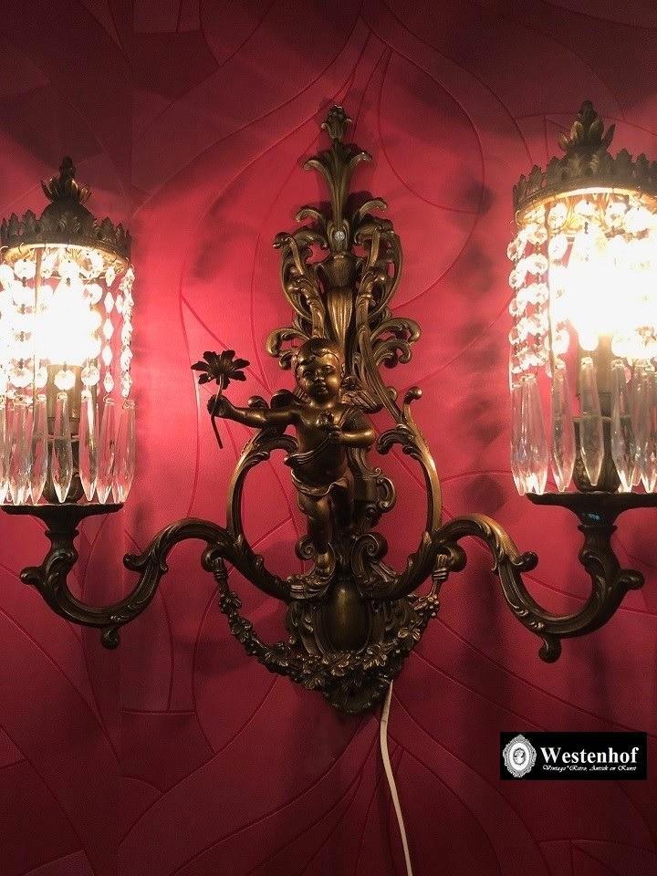 Grote Franse wandlamp antiek  - cupido brons met kristal, Huis en Inrichting, Lampen | Wandlampen, Gebruikt, Overige materialen