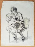 A493-21 Oude tekening Vrouw zittend op 2 stoelen, lezend, Antiek en Kunst, Ophalen of Verzenden