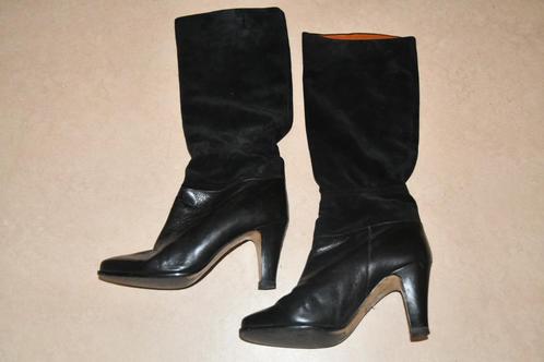 Zwarte lederen dameslaarzen met daim schacht - maat 37,5, Kleding | Dames, Schoenen, Gedragen, Hoge laarzen, Zwart, Ophalen of Verzenden