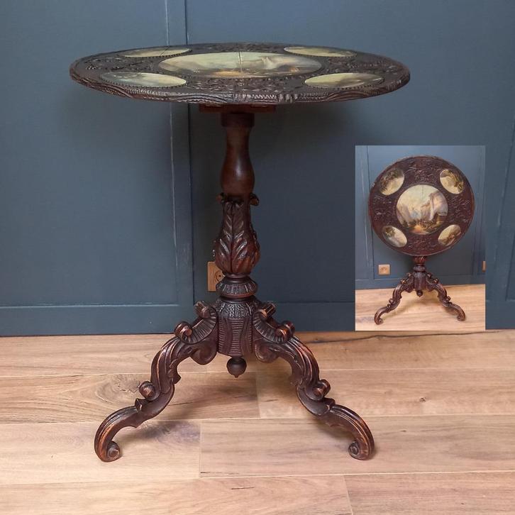 Antieke Tilttop tafel 19e eeuw met 5 schilderingen, Antiek en Kunst, Antiek | Meubels | Tafels, Ophalen of Verzenden