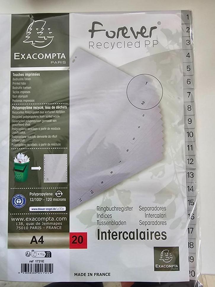 Exacompta Grijze Tabbladen A4 - 20 Stuks, Genummerd 1-20, Diversen, Bureau-accessoires, Nieuw, Ophalen of Verzenden