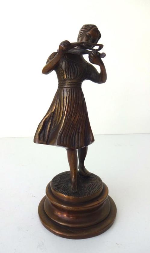 Bronzen beeldje van staand meisje dat viool speelt 3871-b, Antiek en Kunst, Antiek | Koper en Brons, Brons, Ophalen of Verzenden