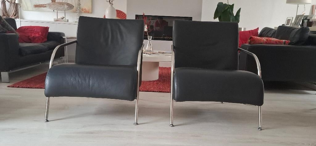 Zwart leren fauteuils, Ophalen, Gebruikt, Minder dan 75 cm, Design