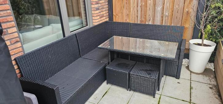 Mooie wicker tuinset met tafel en krukjes, Tuin en Terras, Tuinsets en Loungesets, Gebruikt, Tuinset, Wicker, 4 zitplaatsen, Bank