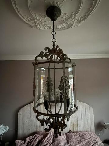 Grijze Brocante Kroonluchter - 4 Lampen grijskleurig & glas beschikbaar voor biedingen