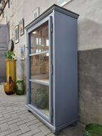 Vintage Houten Vitrinekast Blauw | Vitrine Kast Hout 2, Antiek Retro Vintage Brocante Landelijk, 150 tot 200 cm, 25 tot 50 cm