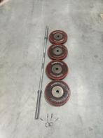 Crossmaxx barbell + olympische bumperplates 120kg, Ophalen, Halterschijven, Benen, -