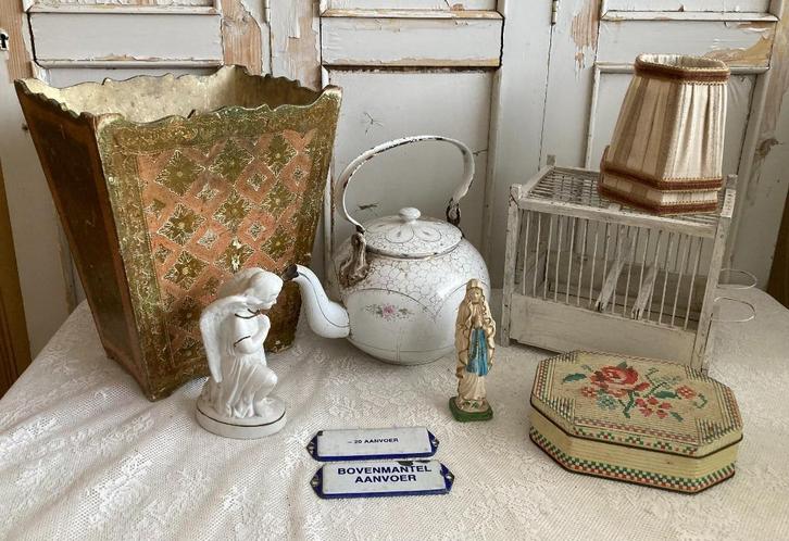 Brocante prullenbak - chocoladeketel - vogelkooitje - blikje, Antiek en Kunst, Curiosa en Brocante, Ophalen of Verzenden