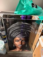 Zilverkleurig schilderij van een vrouw met tulband, Ophalen of Verzenden, Zo goed als nieuw, Schilderij, 75 tot 100 cm