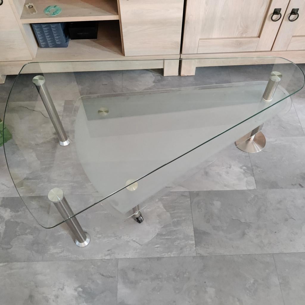 Glazen salontafel met dubbel blad, Huis en Inrichting, Tafels | Salontafels, Minder dan 50 cm, 50 tot 100 cm, 100 tot 150 cm, Rond