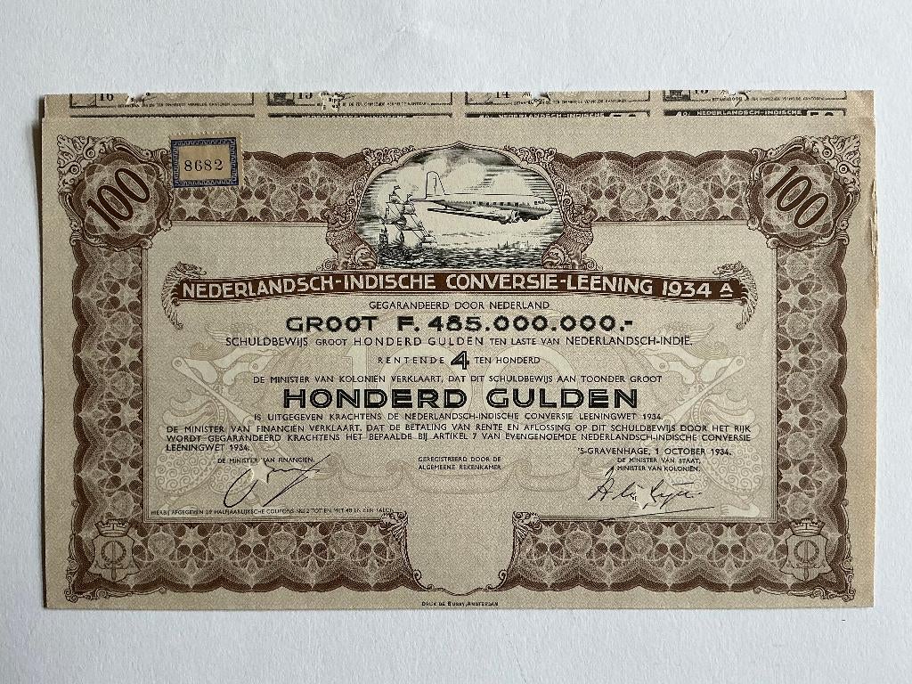 4% Nederlands-Indië 1934, 100 Gulden, Specimen, Postzegels en Munten, Aandelen en Waardepapieren, Ophalen of Verzenden, 1920 tot 1950