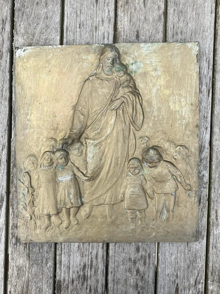 Plaquette in reliëf jezus met kinderen koper brons, Ophalen of Verzenden