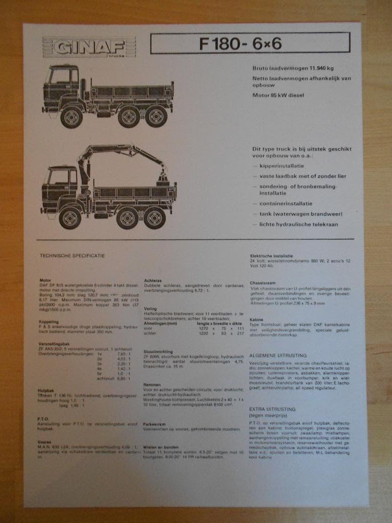 GINAF F180 6x6 Technische Specificatie folder 1980, Ophalen of Verzenden, Zo goed als nieuw, Overige merken, GINAF