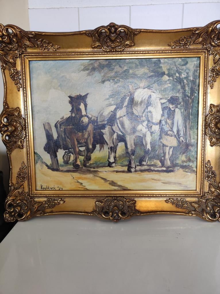 Schilderij Koekkoek '74 met paarden en man, Antiek en Kunst, Kunst | Schilderijen | Klassiek, Ophalen of Verzenden