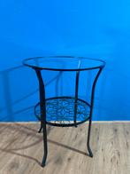 Zwart Metalen Bijzettafeltje met ronde Glasplaat, Minder dan 55 cm, Gebruikt, Metaal of Aluminium, Rond